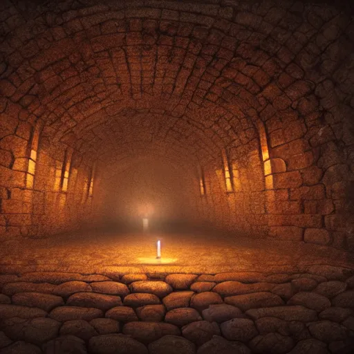 Image similar to underground cavernous necropolis with a candle illuminating it, digital painting, soft lighting, brown tint, gloomy, photorealistic