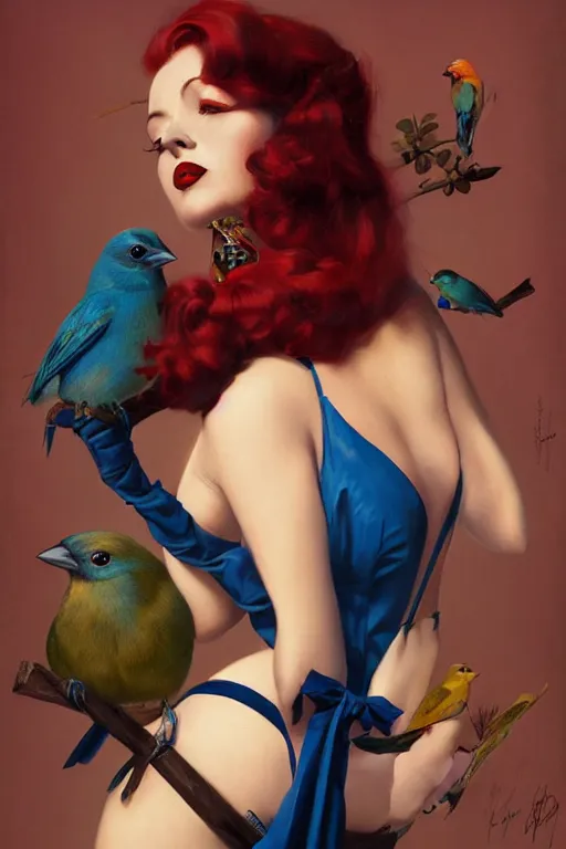 Prompt: hyper realistic painting, tasteful pinup girl, fashionable red hair, holding an indigo bunting, bird, the bird is wearing a bowtie, by greg rutkowski, rossdraws, gil elvgren, enoch bolles, anime, porcelain skin, very coherent