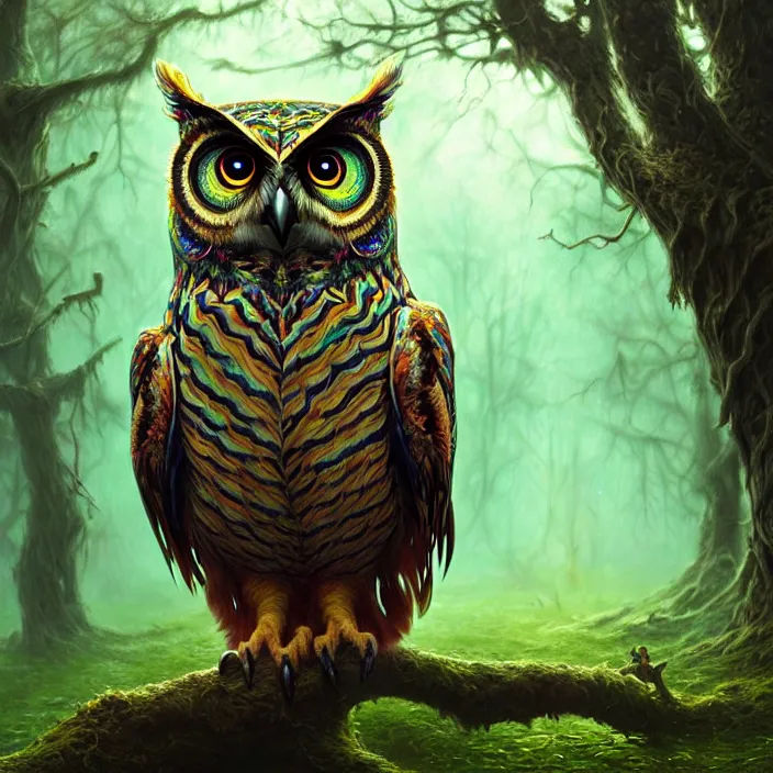 Image similar to psychedelic owl in haunted swamp, highly detailed, d & d, fantasy, highly detailed, digital painting, trending on artstation, concept art, sharp focus, illustration, oil on canvas, global illumination, ray tracing, realistic shaded, art by artgerm and greg rutkowski and fuji choko and viktoria gavrilenko and hoang lap