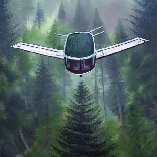 Image similar to a bus with airplane wings [ flying above a forest and lake ], [ oil painting ]!!, trending on cgsociety, 4 k