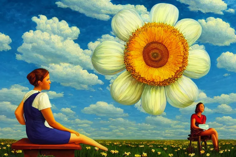 Image similar to giant daisy flower head, woman sitting, surreal, clouds in sky, impressionist painting, digital painting, artstation, rob gonsalves