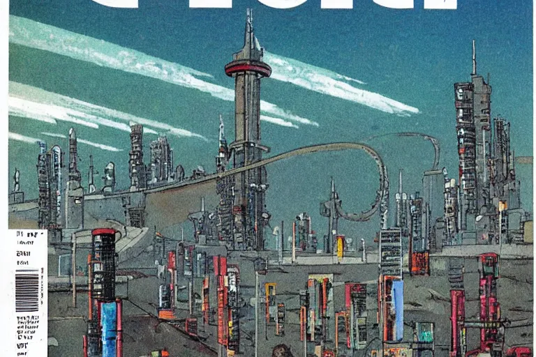 Prompt: 1979 Popular science Magazine Cover of a seawall. In the background is Neo-Tokyo in Akira style by Vincent Di Fate