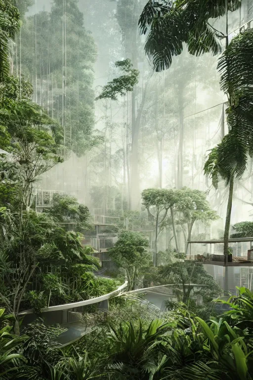 Prompt: architecture inspired by renzo piano deep in the rainforest. nature is taking over. metabolism. matte painting. octane render. hdr. volumetric lighting. global illumination. atmospheric.