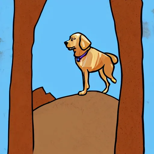 Image similar to a golden retriever standing on top of a mountain, microsoft paint art, unprofessional, mediocre