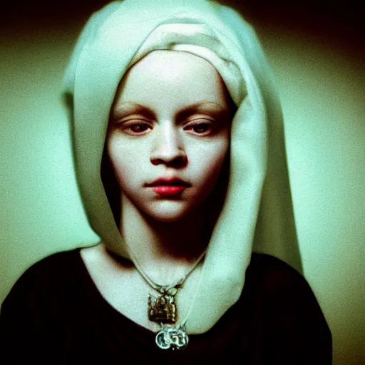 Image similar to realistic expired kodak film portrait of albino madonna mix, hyperrealism, hypermaximalism, photorealistic, detailed, atmospheric, 8 k, award winning photography, cinematic