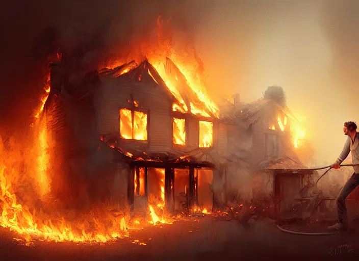 Prompt: bob villa burning down a house while laughing. digital painting. greg rutkowski.