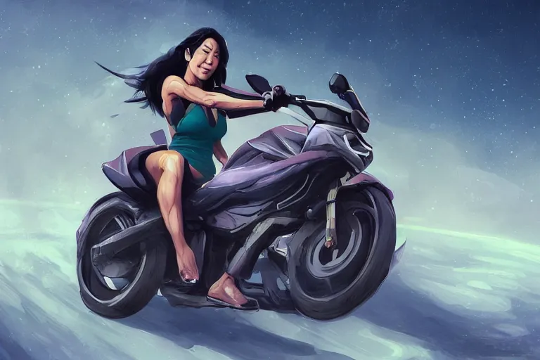 Image similar to michelle yeoh is riding a motorbike, digital painting, artstation, the space background, concept art, illustration,