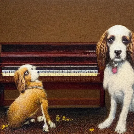 Prompt: a brown and white sprocker Spaniel playing a grand piano, pointillism, fine art