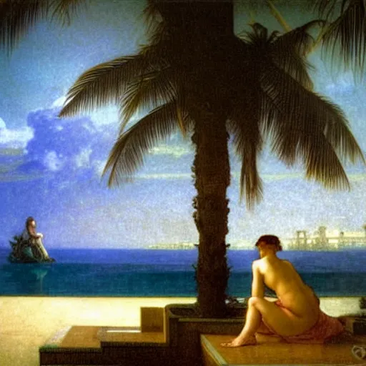 Image similar to Silhouette of two girls at the palace, thunderstorm, greek pool, beach and palm trees on the background major arcana sky, by paul delaroche, alphonse mucha and arnold böcklin arnold böcklin hyperrealistic 8k, very detailed