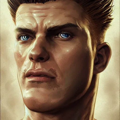 Image similar to kyle gas as guile from street fighter, ultra realistic, concept art, intricate details, eerie, highly detailed, photorealistic, octane render, 8 k, unreal engine. art by artgerm and greg rutkowski and magali villeneuve and alphonse mucha