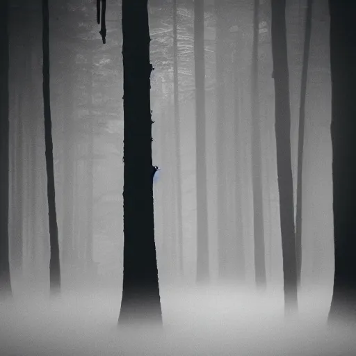 Prompt: Horror film, cinematic tones, black and white film, 16mm. Scene with creature in a dark foggy forest