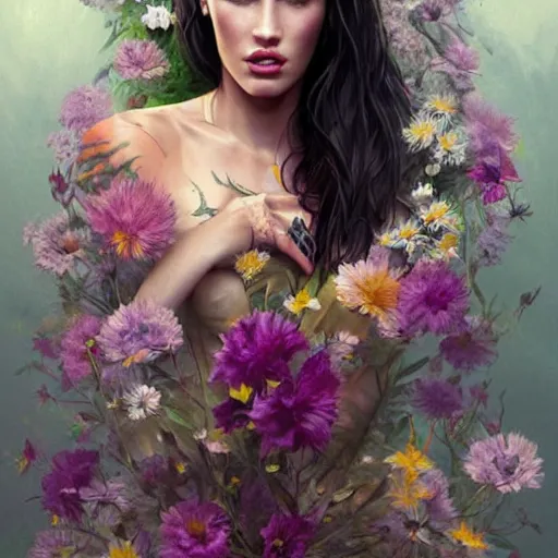 Prompt: painting of megan fox dressed with flowers, illustration, artistic, colorful, hyper detailed, in the style of Greg Rutkowski