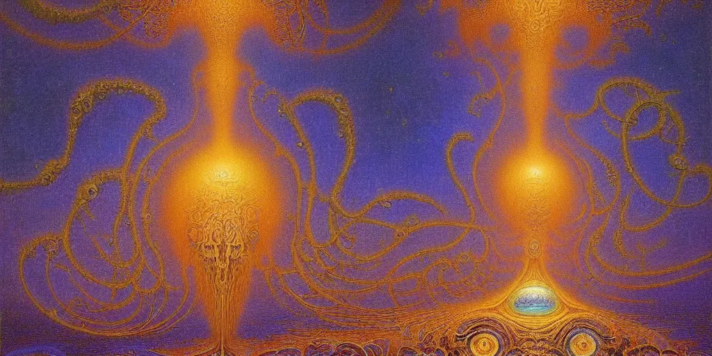 Image similar to lovecraftian fractal world, mandelbrot set planet by jean delville