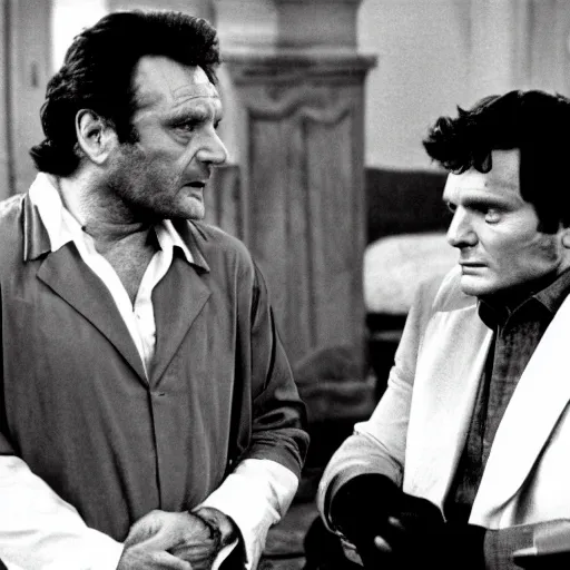 Prompt: Columbo Peter Falk interviewing Hannibal Lecter Anthony Hopkins, cinematic, movie still, Eastman 5384 film