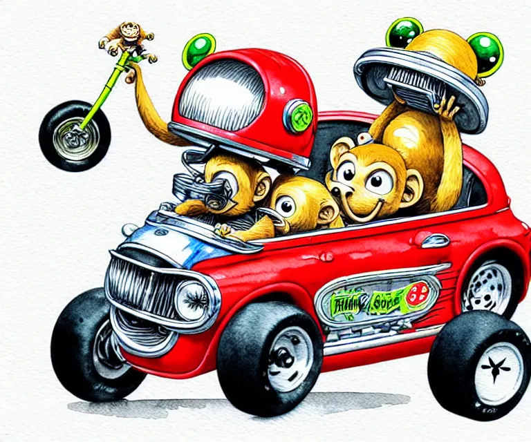 Image similar to cute and funny, monkey wearing a helmet riding in a tiny hot rod with oversized engine, ratfink style by ed roth, centered award winning watercolor pen illustration, isometric illustration by chihiro iwasaki, edited by range murata, tiny details by artgerm, symmetrically isometrically centered