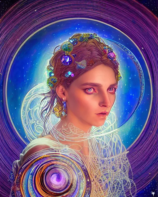 Prompt: portrait of an ethereal gypsy woman with detailed eyes, crystal ball, glowing face, in space with a half moon, photorealistic, colorful dress, in the style of ilya kuvshinov, donato giancola, holographic undertones, art nouveau zodiac galaxy background, intricate, flowing dress, smooth, sharp focus, dramatic lighting, illustration, hdr, artgerm