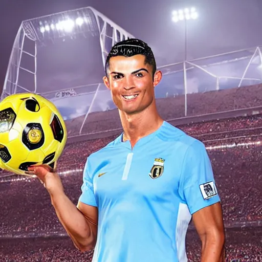 Image similar to a still from the antiques roadshow, cristiano ronaldo with a priceless soccer ball, uhd, 8k,