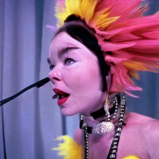 Prompt: a still of bjork in fear and loathing in las vegas ( 1 9 9 8 )