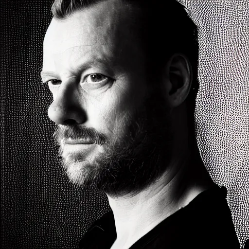 Image similar to award-winning portrait photo of Dutch actor Merijn Oerlemans, black background, dramatic lighting