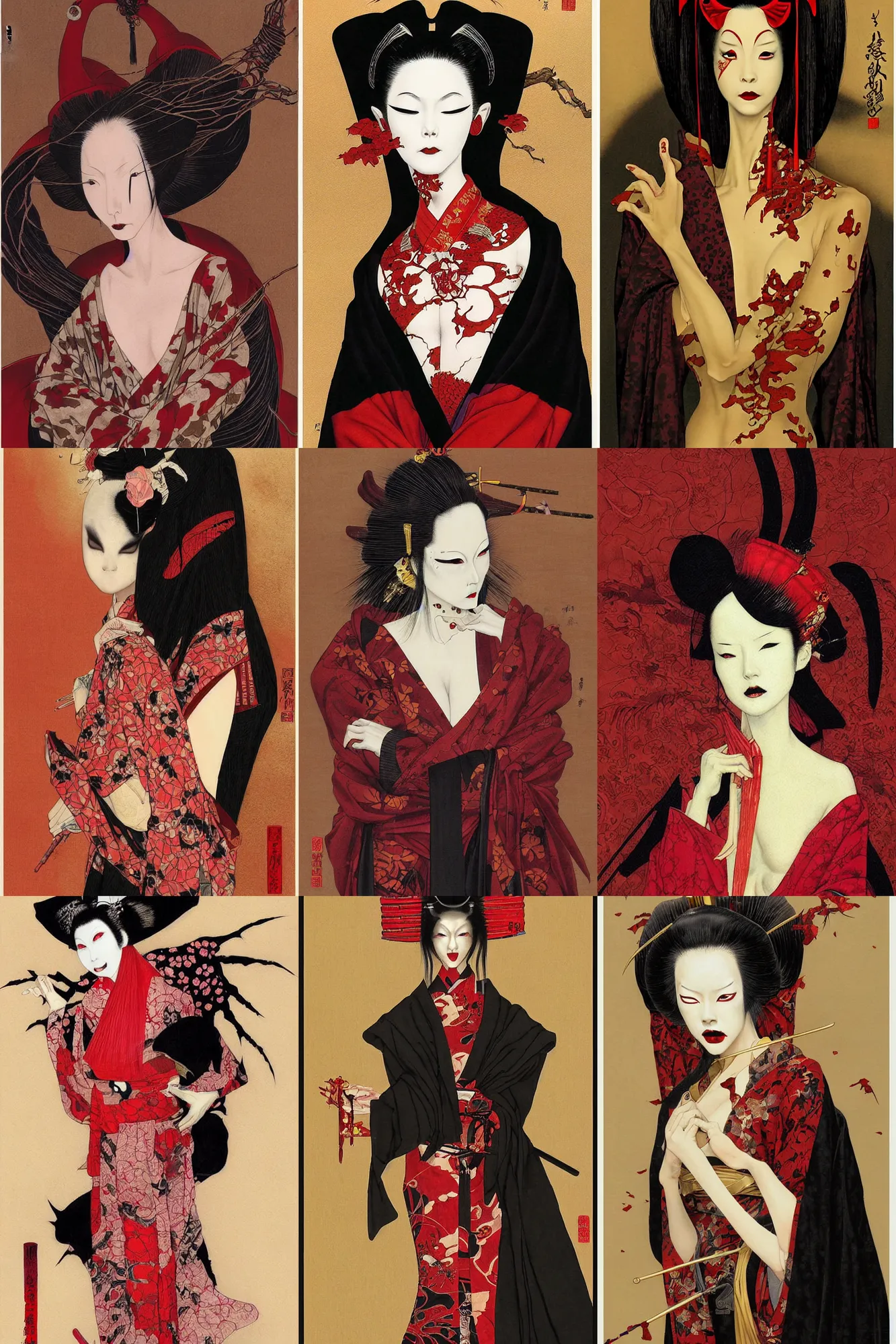 Prompt: painting of a geisha vampire with a long neck by brain froud, dave dorman, takato yamamoto in the style of dark - fantasy, red, gold black