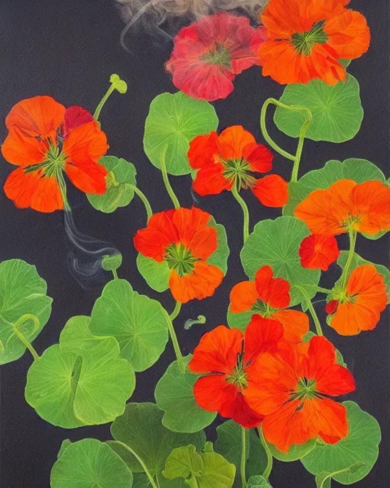 Image similar to fine painting of nasturtium and colourful smoke and dark flames.