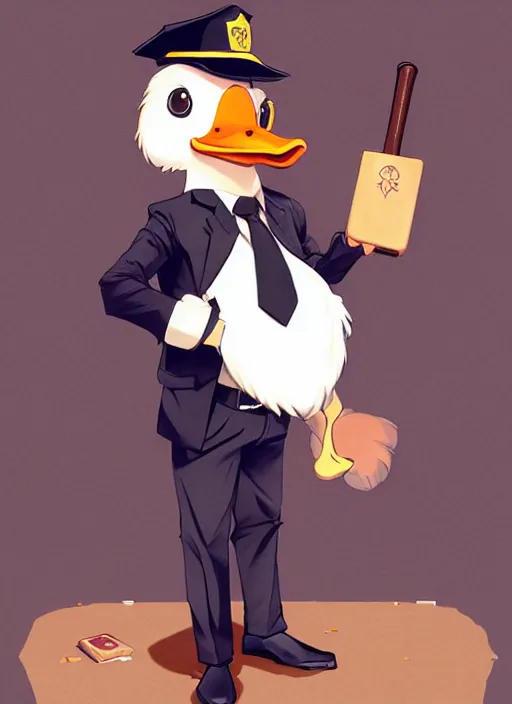 Image similar to commissioned full body portrait of a male anthro duck fursona with a duck head wearing a nice black suit and a fedora holding a baseball bat sitting on the hood of a police patrol car in a baseball stadium, by a professional manga illustrator, Stanley Artgerm Lau, WLOP, Rossdraws, James Jean, Andrei Riabovitchev, Marc Simonetti, and Sakimichan, trending on artstation