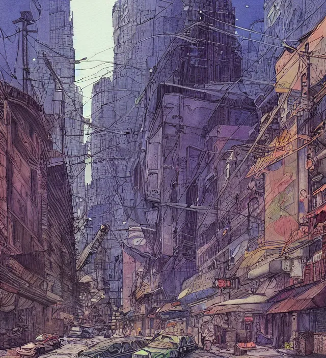 Prompt: a watercolor ink painting of a post - apocalyptic new - york in the style of jean giraud in the style of moebius trending on artstation deviantart pinterest detailed realistic hd 8 k high resolution