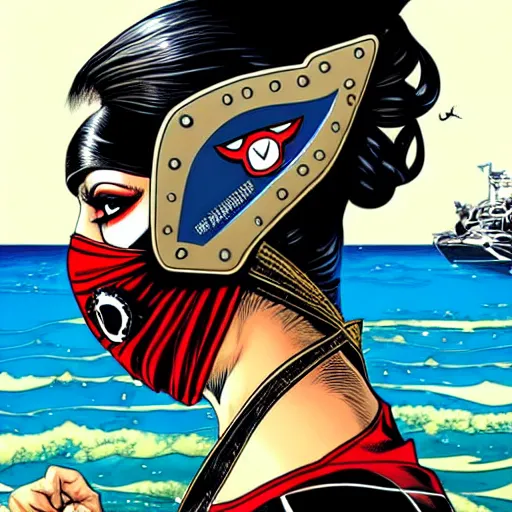 Prompt: a portrait of a persian woman wearing a diver suit and mask with side profile blood in ocean intricate details by MARVEL comics and Sandra Chevrier-C