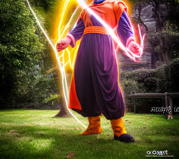 Image similar to portrait photo of mr bean as super saiyan, in a park by luis royo. soft light. sony a 7 r iv