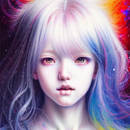 Image similar to a portrait of girl with rainbow hair white shirt, denim shorts, an ultrafine detailed painting by ayami kojima, cgsociety, fantasy, anime digital art, lovecraftian, cosmic horror, detailed painting