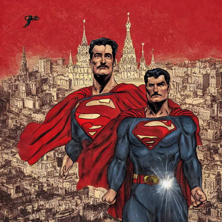 Image similar to epic comic book cover of stalin as superman floating over the red square ( moscow ), hammer and sickle, cccp, ussr, socialist realism, soviet nostalgia, sovietwave aesthetic, photorealistic, intricate digital art, trending artstation, artgem, rich moody colors, fan art, concept art, in the style of the red son