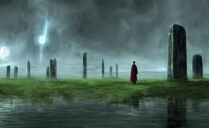 Image similar to a realistic and atmospheric cell - shaded concept art from howl's moving castle ( 2 0 0 4 ) of a grey monk standing in a futurist sci - fi city that looks like stonehenge in a flooded rainforest. it is a misty starry night. a ufo is in the sky. very dull muted colors, hd, 4 k, hq