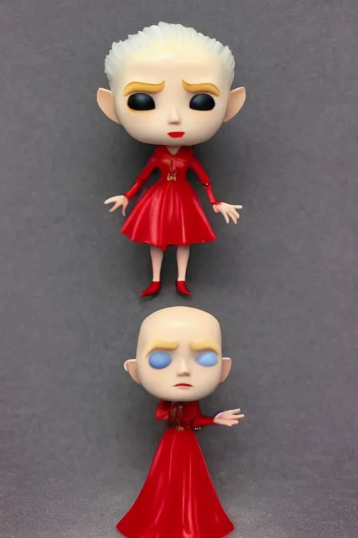 Prompt: nosferatu princess, blonde hair, wearing a red dress, highly detailed, funko pop