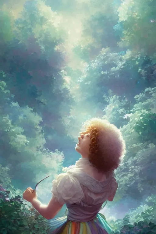 Image similar to bob ross, dreamy and ethereal,, fantasy, intricate, elegant, rainbow bubbles, highly detailed, digital painting, artstation, concept art, smooth, sharp focus, illustration, art by artgerm and greg rutkowski and alphonse mucha