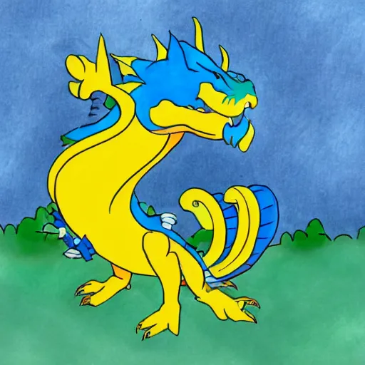 Image similar to children's cartoon of a blue dragon sitting on top of a yellow suburban home