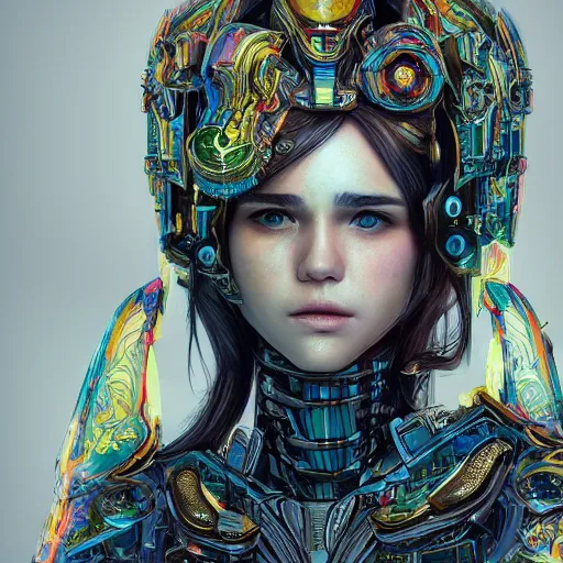 Prompt: ellen page studio portrait of legitimate kind colorful female divine mech paladin transformers absurdly beautiful, elegant, young sexy elegant woman, super fine surreal detailed facial illustration by kim jung gi, iraq nadar, intricate lines, clear focus, vivid colors, matte, octopath voyager, final fantasy, unreal engine highly rendered, global illumination, radiant light, intricate environment
