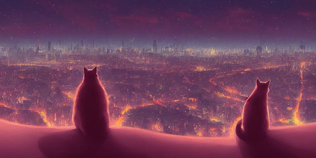 Image similar to A cat overlooking a city at night by Jessica Rossier and Alena Aenami