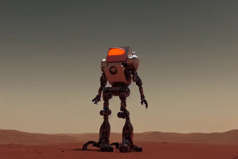 Image similar to a relaxed robot standing on mars looking at a mars base, blender render, 8 k, red lighting, misty, smog,