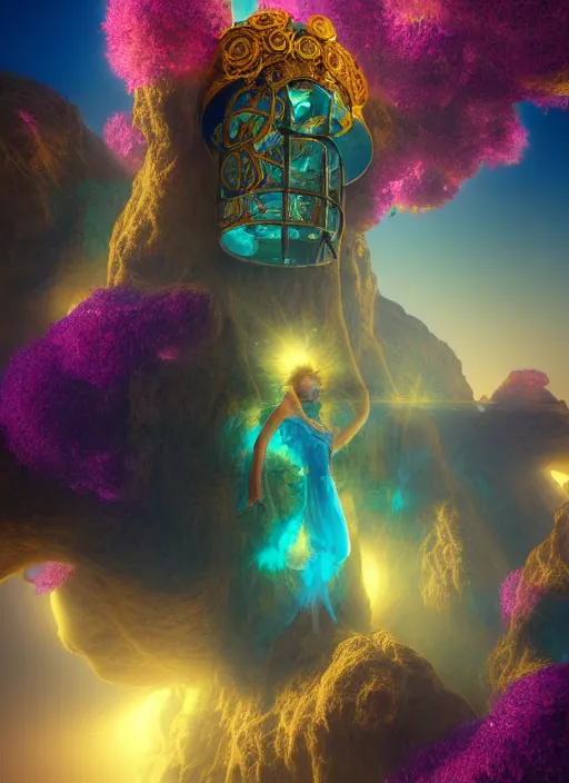 Image similar to flowers within the whole infinite capsule apparent with awe the apparition, an idea seep's into infinity highly detailed in volumetric latent space, golden turquoise steampunk, high contrast cinematic light, mystical shadows, sharp focus, divine realm of gods, octane render, artist by boris vallejo,