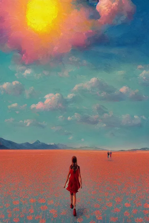 Image similar to giant daisy flower head, girl walking on salt flats mountains, surreal photography, sunrise, dramatic light, impressionist painting, colorful clouds, digital painting, artstation, simon stalenhag