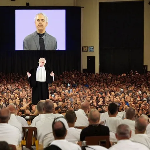 Image similar to jeffery epstein, dressed up as catholic priest, speaking to a congregation, 8 k, realistic.