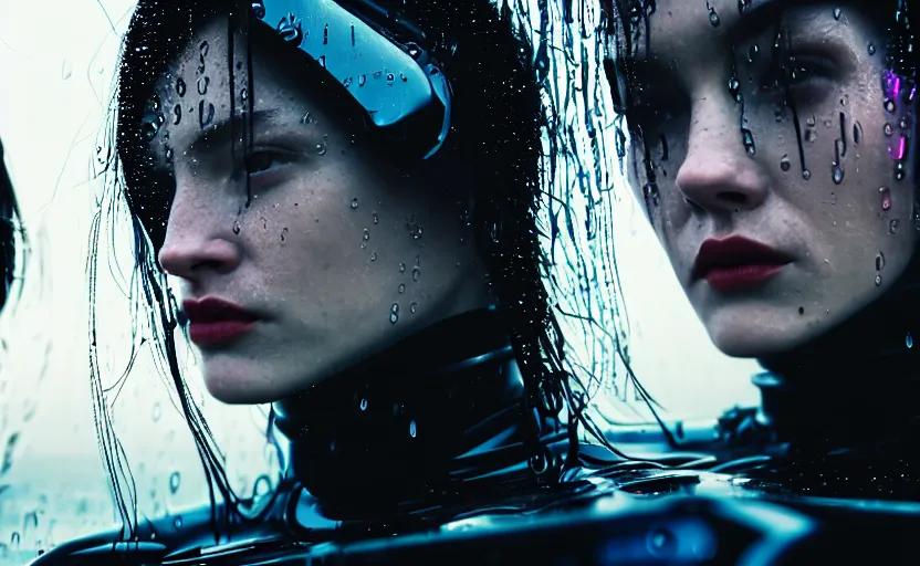 Image similar to cinestill 5 0 d candid action photographic portrait by quentin tarantino of two loving female androids wearing rugged black mesh techwear in treacherous waters, extreme closeup, modern cyberpunk retrofuturism moody emotional cinematic, pouring iridescent rain, 8 k, hd, high resolution, 3 5 mm, f / 3 2, motion blur, ultra realistic faces, ex machina