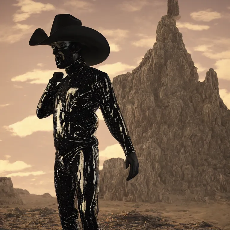 Image similar to octane render portrait by wayne barlow and carlo crivelli and glenn fabry, a man wearing a shiny black latex suit and cowboy hat covered in colorful slime, standing in a scenic western landscape, cinema 4 d, ray traced lighting, very short depth of field, bokeh