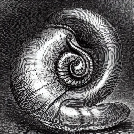 Image similar to a close-up an immortal snail crawling out of a broken open up tungsten ball, painted in the style of Gustave Doré