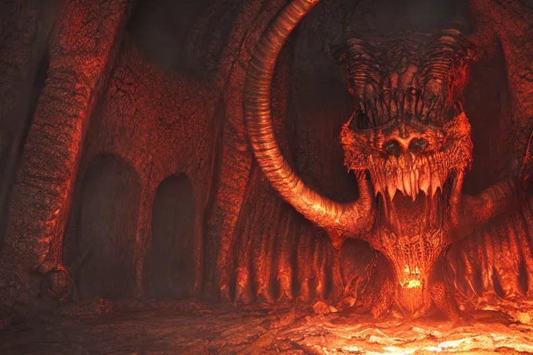 Image similar to realistic fiery balrog at the bottom of a huge long corridor in the mines of moria, 3 d octane render, photorealistic, style of h. r. giger