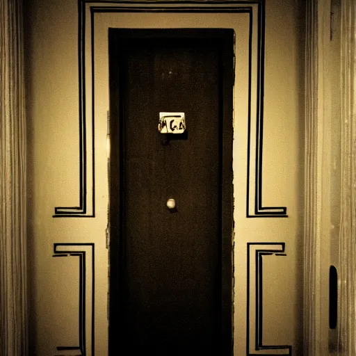 Prompt: foreboding door at the end of a dark hotel hallway, creepy, eerie, surreal, liminal,