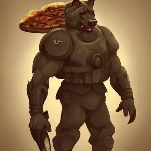 Image similar to a humanoid german shepherd beast - man in military style, holding a slice of pizza, artstation, concept art, smooth, sharp foccus ilustration, artstation