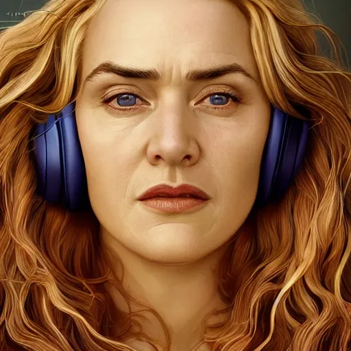 Image similar to epic action shot of kate winslet with symmetrical face stunning eyes and long blonde hair wearing headset laughing, weta disney pixar, hi - fructose, decadent highly - detailed digital painting, golden ratio, octane render, artstation, cinematic composition, smooth, sharp focus, artgerm, mucha, loish, wlop hdr