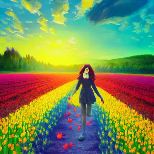 Image similar to large tulip as a face, girl walking in a flower field, surreal photography, sunrise dramatic light, impressionist painting, colorful clouds, digital painting, artstation, simon stalenhag, flower face