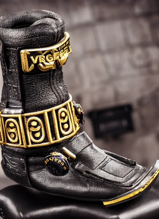 Image similar to hyperrealistic and heavy detailed product photo versace boot of judge dredd, in front of white back drop, whole shoe is in picture, leica sl 2 5 0 mm, vivid color, high quality, high textured, real life